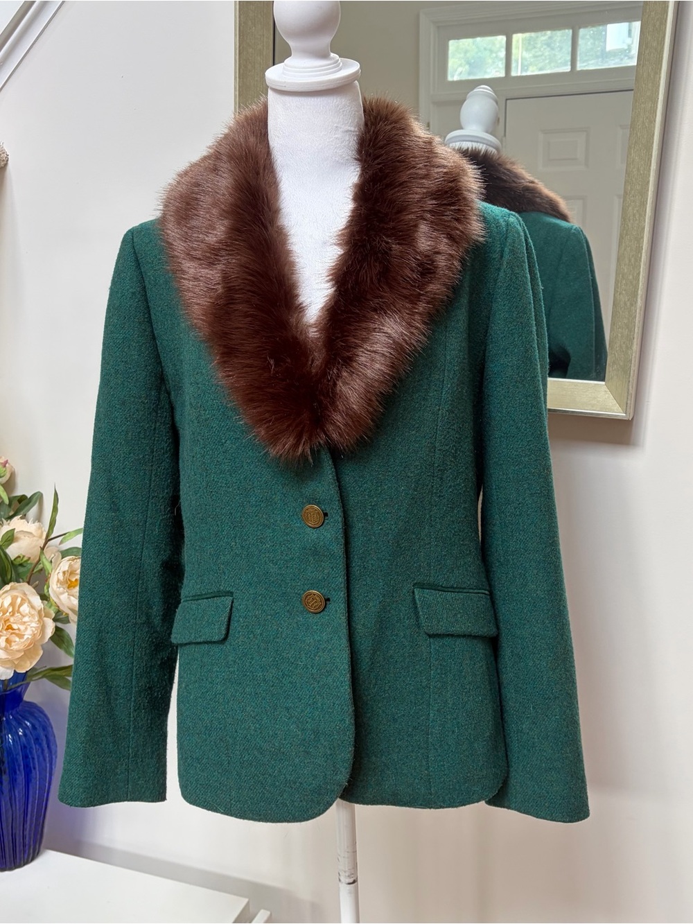 Talbots Aberdeen Shetland Green Wool Blend Blazer Faux Fur Collar Size 10